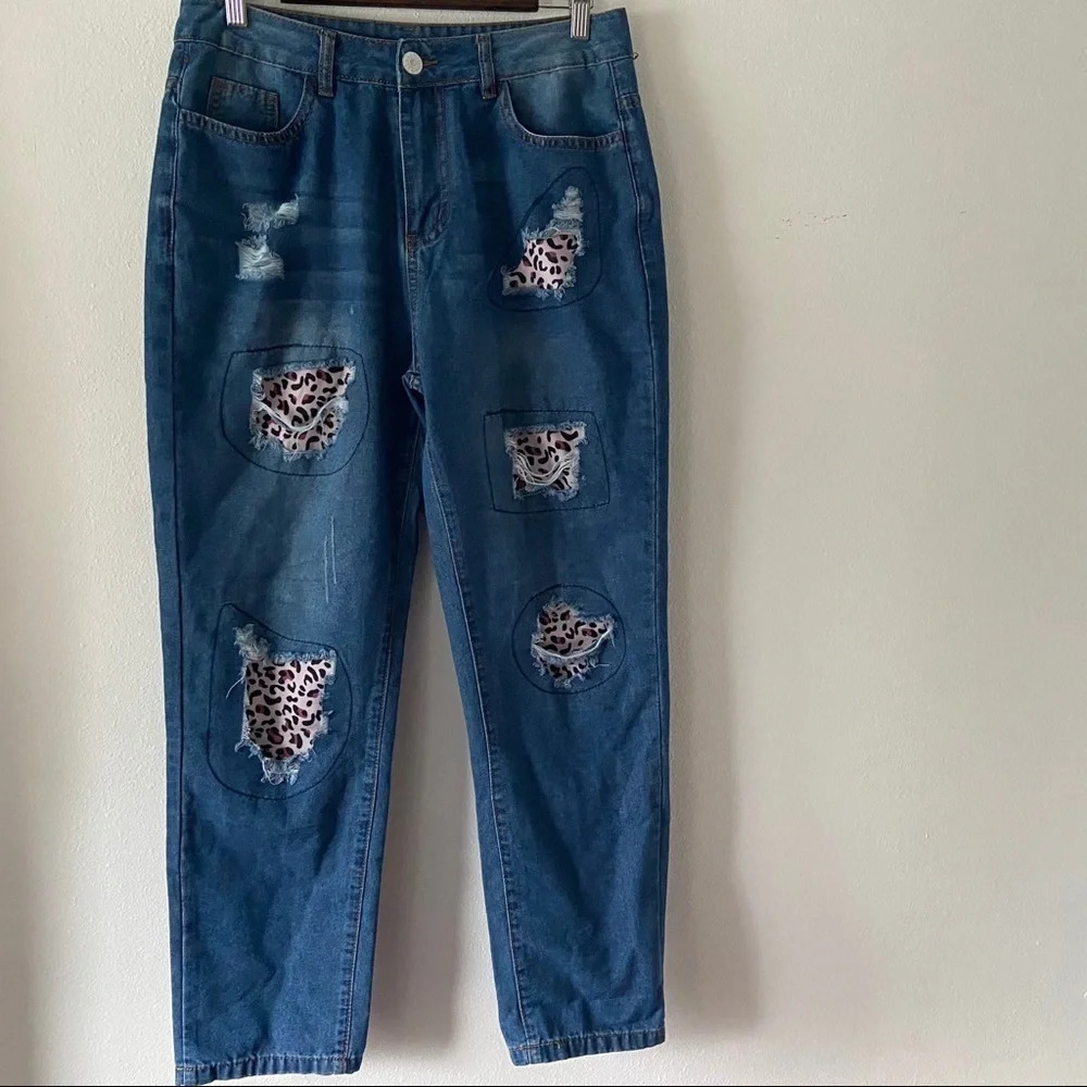Distressed Leopard Patchwork Jeans High Waist Funky Pink Purple Stitching Medium - Picture 6 of 14
